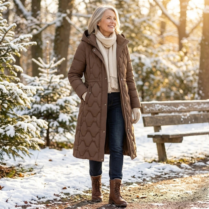 Lumière | Abrigo largo de plumas con capucha