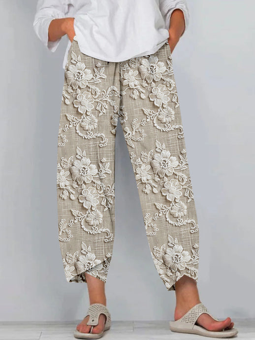 Olivia | Pantaloni in lino con motivo floreale